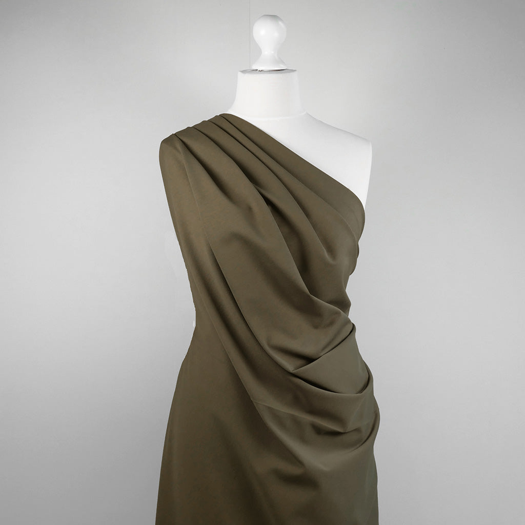 Milan - Camouflage Green Viscose Rich Ponte de Roma Fabric Mannequin Wide Image from Patternsandplains.com