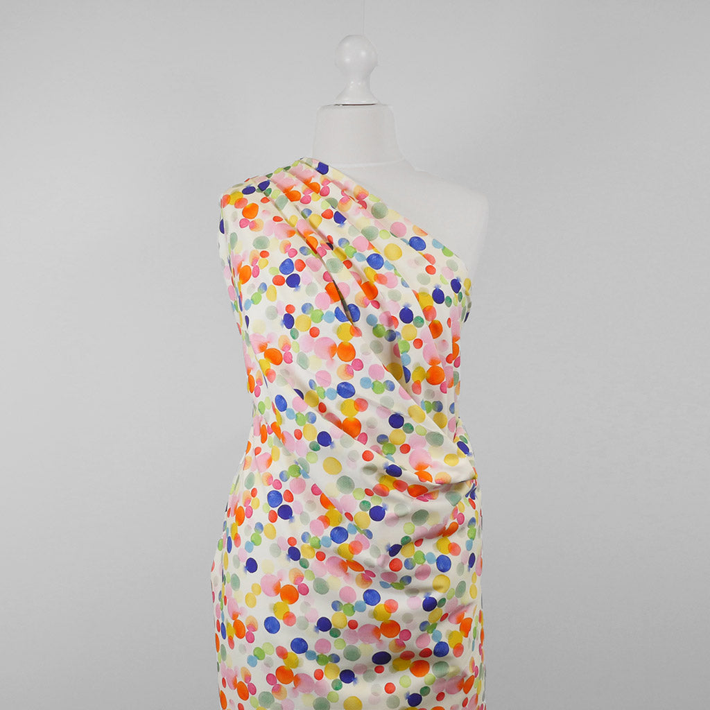 Monteray - Ecru Rainbow Bubbles Cotton Elastane Single Jersey Fabric Mannequin Wide Image from Patternsandplains.com