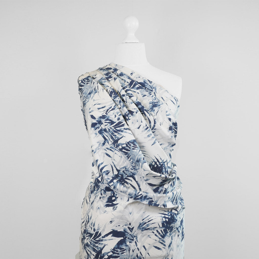 Nadia - Blue Tropical Bengaline Stretch Woven Fabric Mannequin Wide Image from Patternsandplains.com