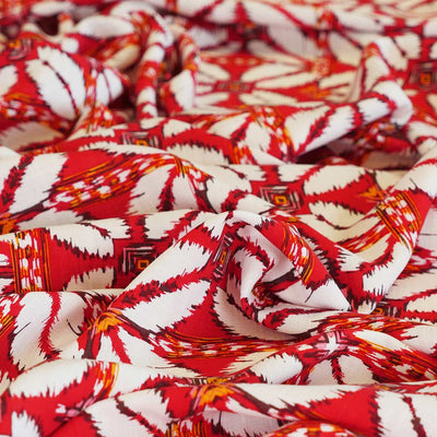 Nassau - Red Geometric Border Viscose Slub Woven Fabric Feature Image from Patternsandplains.com