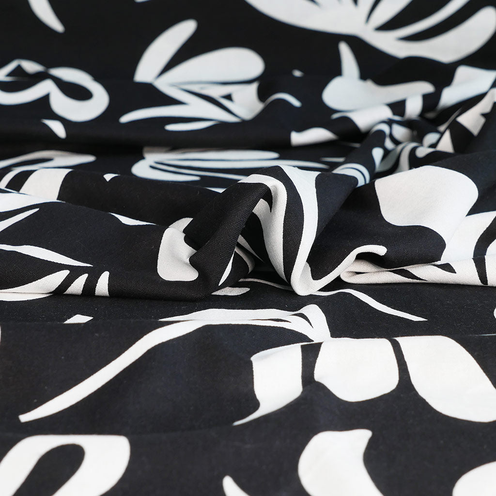 Palermo - Black Graphic Floral Viscose Linen Woven Fabric