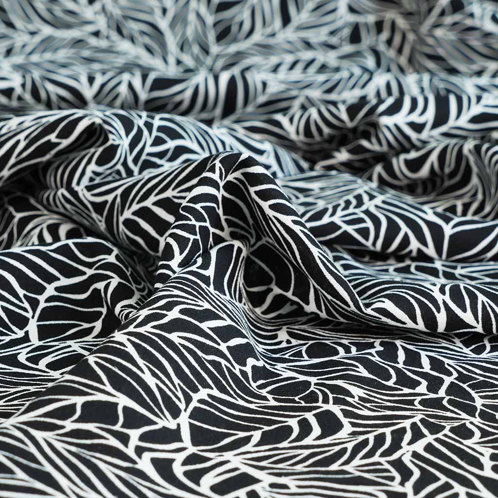 Palermo - Black Leaves Viscose Linen Woven Fabric - 2.30m Remnant