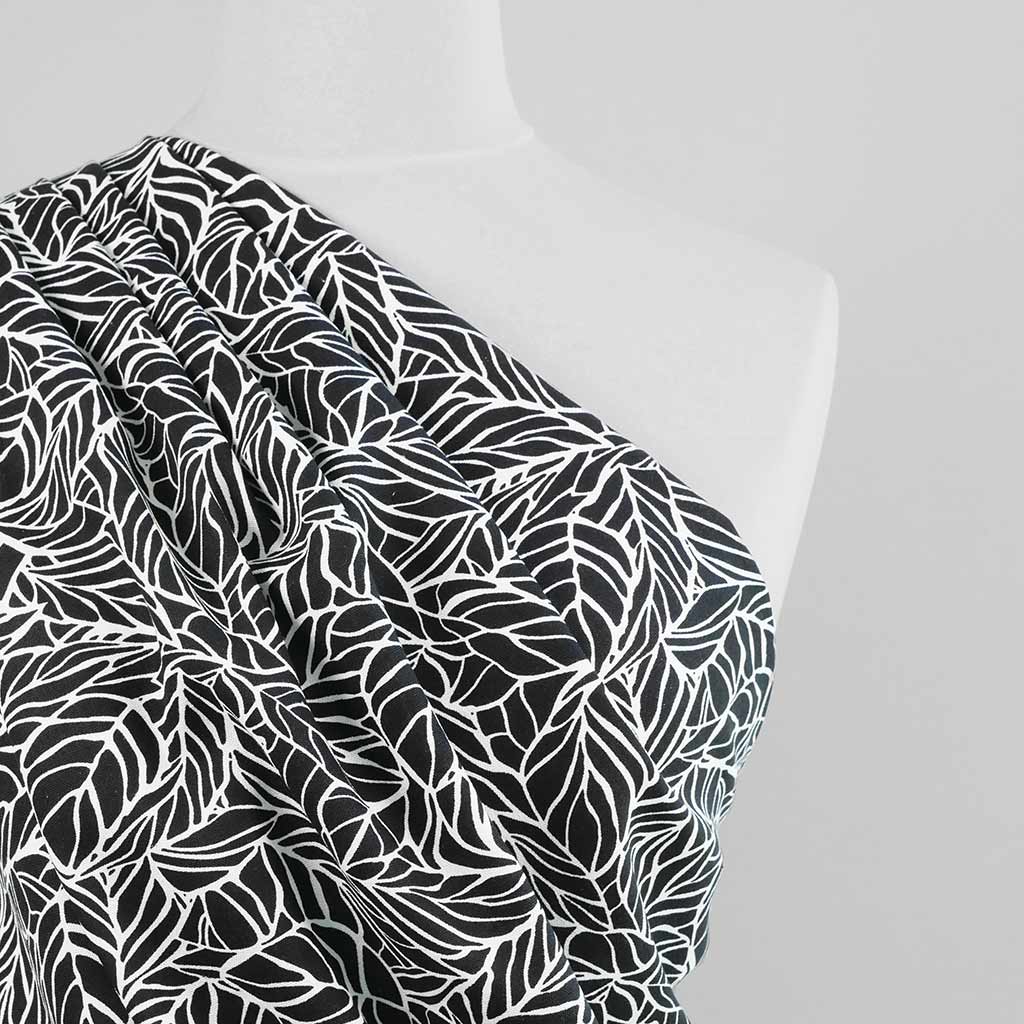 Palermo - Black Leaves Viscose Linen Woven Fabric