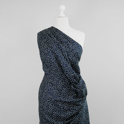 Palermo - Navy Dots Viscose Linen Woven Fabric Mannequin Wide Image from Patternsandplains.com