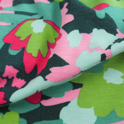 Petrol Pop Blossom, Single Jersey Organic Cotton Elastane Fabric by Nerida Hansen Feature Image from Patternsandplains.com