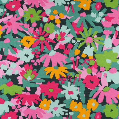 Petrol Pop Blossom, Single Jersey Organic Cotton Elastane Fabric by Nerida Hansen Main Image from Patternsandplains.com