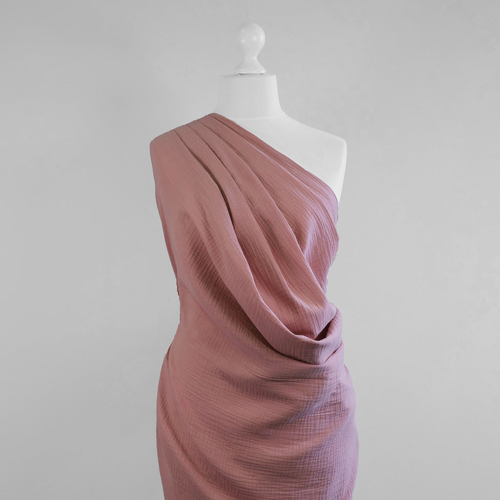 Seoni - Sugar Pink Cotton Double Gauze Woven Fabric Mannequin Wide Image from Patternsandplains.com
