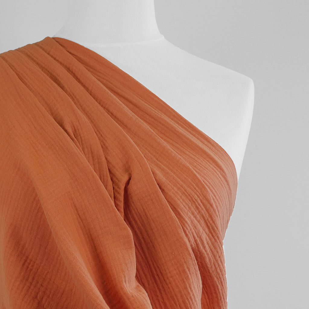 Seoni - Sunrise Orange Cotton Double Gauze Woven Fabric Mannequin Close Up Image from Patternsandplains.com