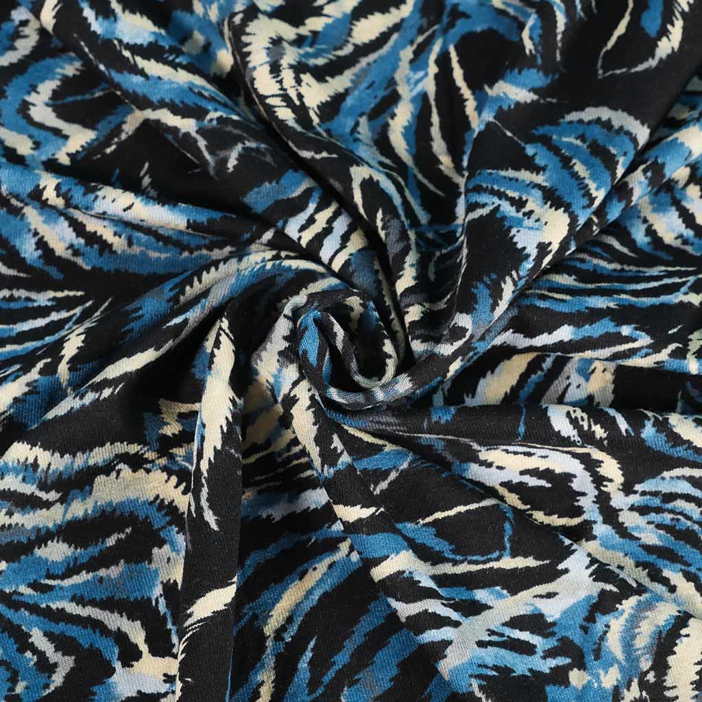 Seville - Blue and Gold Feather Viscose Elastane Single Jersey Fabric - 2.10m Remnant