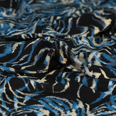 Seville - Blue and Gold Feather Viscose Elastane Single Jersey Fabric - 2.10m Remnant