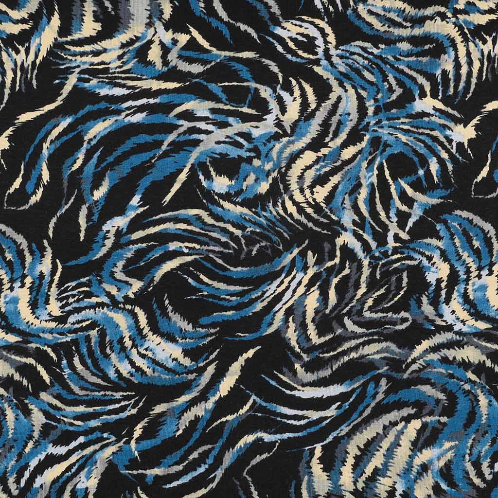 Seville - Blue and Gold Feather Viscose Elastane Single Jersey Fabric - 2.10m Remnant