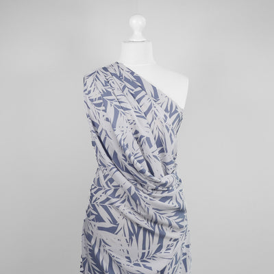 Sierra - Blue Palms Viscose Poplin Woven Fabric Mannequin Wide Image from Patternsandplains.com