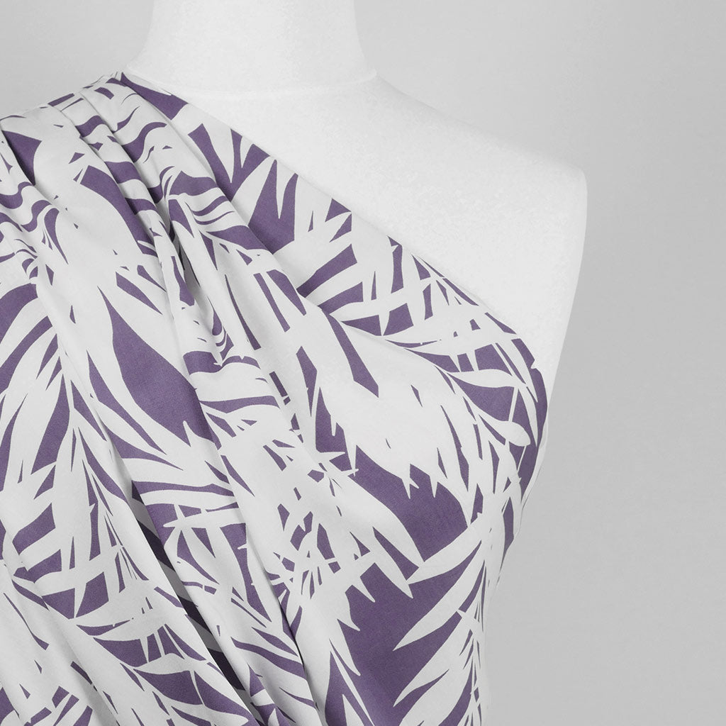 Sierra - Purple Palms Viscose Poplin Woven Fabric Mannequin Close Up Image from Patternsandplains.com