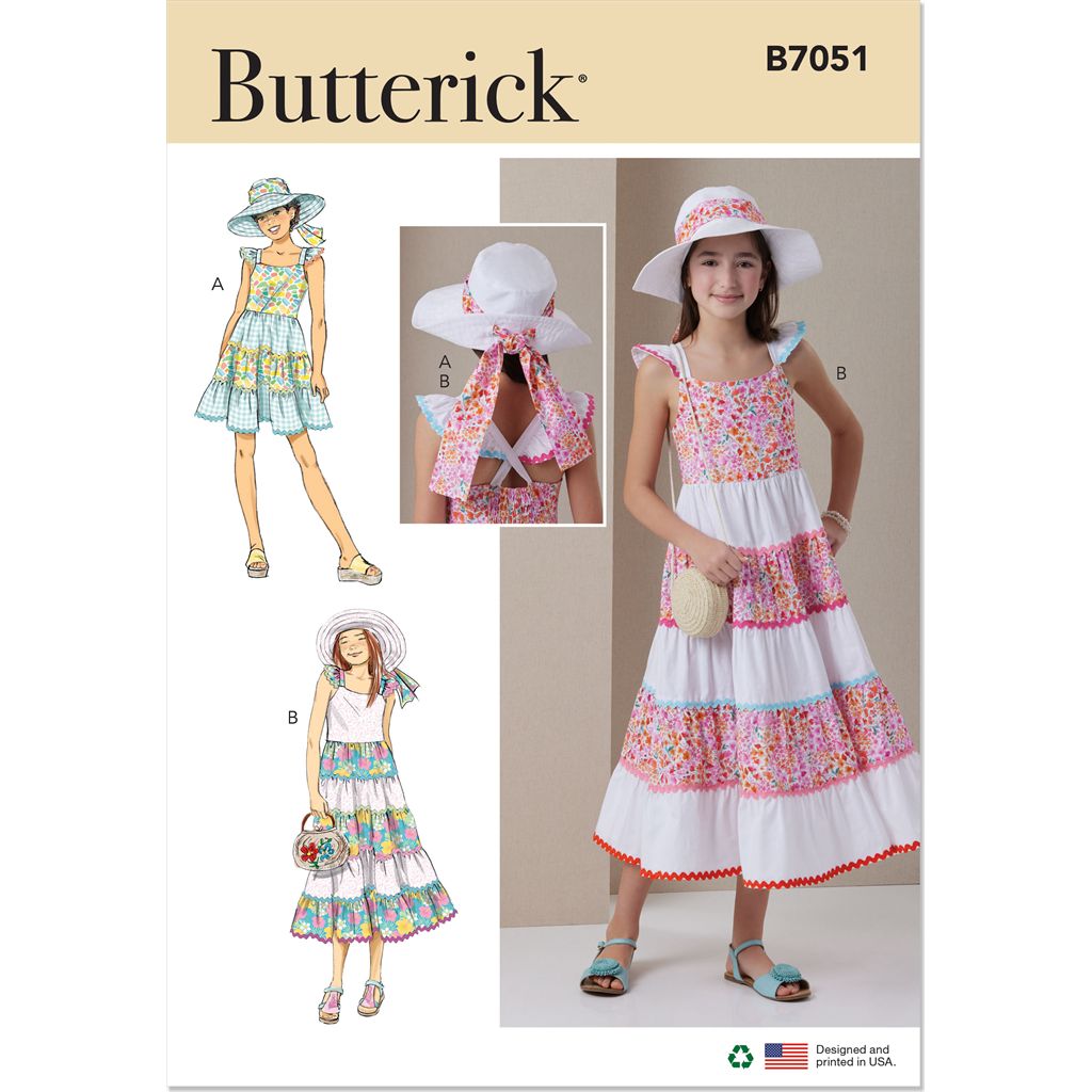 Butterick Pattern B7051 Girls Dress in Two Lengths and Hat in Three Sizes 7051 Image 1 From Patternsandplains.com