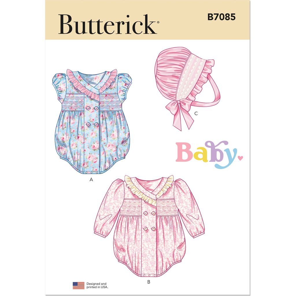 Butterick Pattern B7085 Babies Romper with Sleeve Variations and Bonnet in sizes S M L 7085 Image 1 From Patternsandplains.com