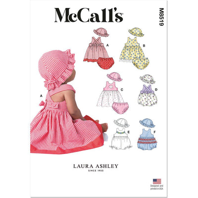 McCall's Pattern M8519 Infants Dresses Rompers Panties and Hat by Laura Ashley 8519 Image 1 From Patternsandplains.com