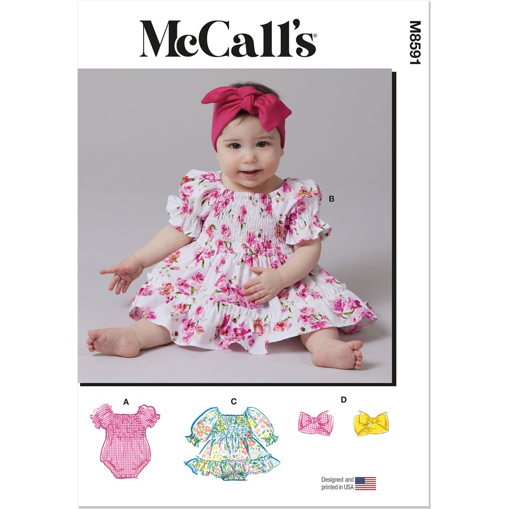 McCall's Pattern M8591 Babies Romper Dresses and Headband 8591 Image 1 From Patternsandplains.com