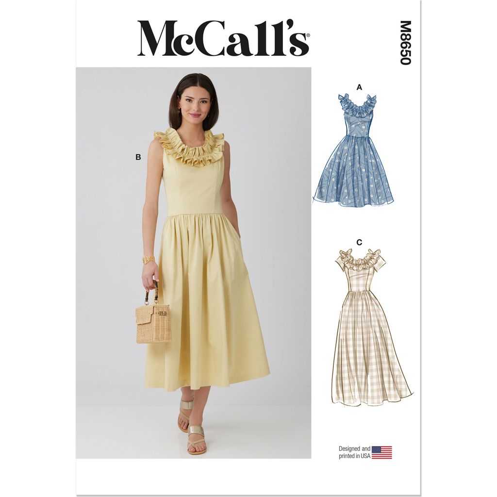 McCall's Pattern M8650 Misses and Miss Petite Ruffle Neck Midi Dress 8650 Image 1 From Patternsandplains.com