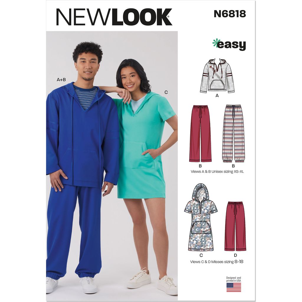 New Look Sewing Pattern N6818 Unisex Knit Hoodie and Pants and Misses Knit Dress 6818 Image 1 From Patternsandplains.com
