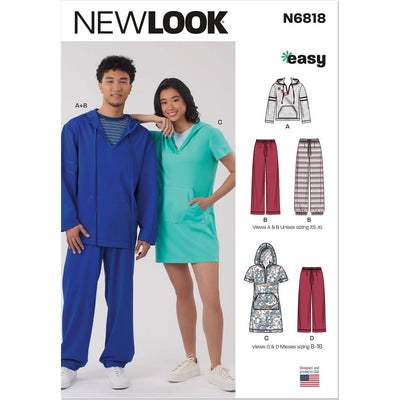 New Look Sewing Pattern N6818 Unisex Knit Hoodie and Pants and Misses Knit Dress 6818 Image 1 From Patternsandplains.com