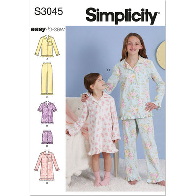 Simplicity Sewing Pattern S3045 Childrens and Girls Lounge Tops Gown Shorts and Pants 3045 Image 1 From Patternsandplains.com