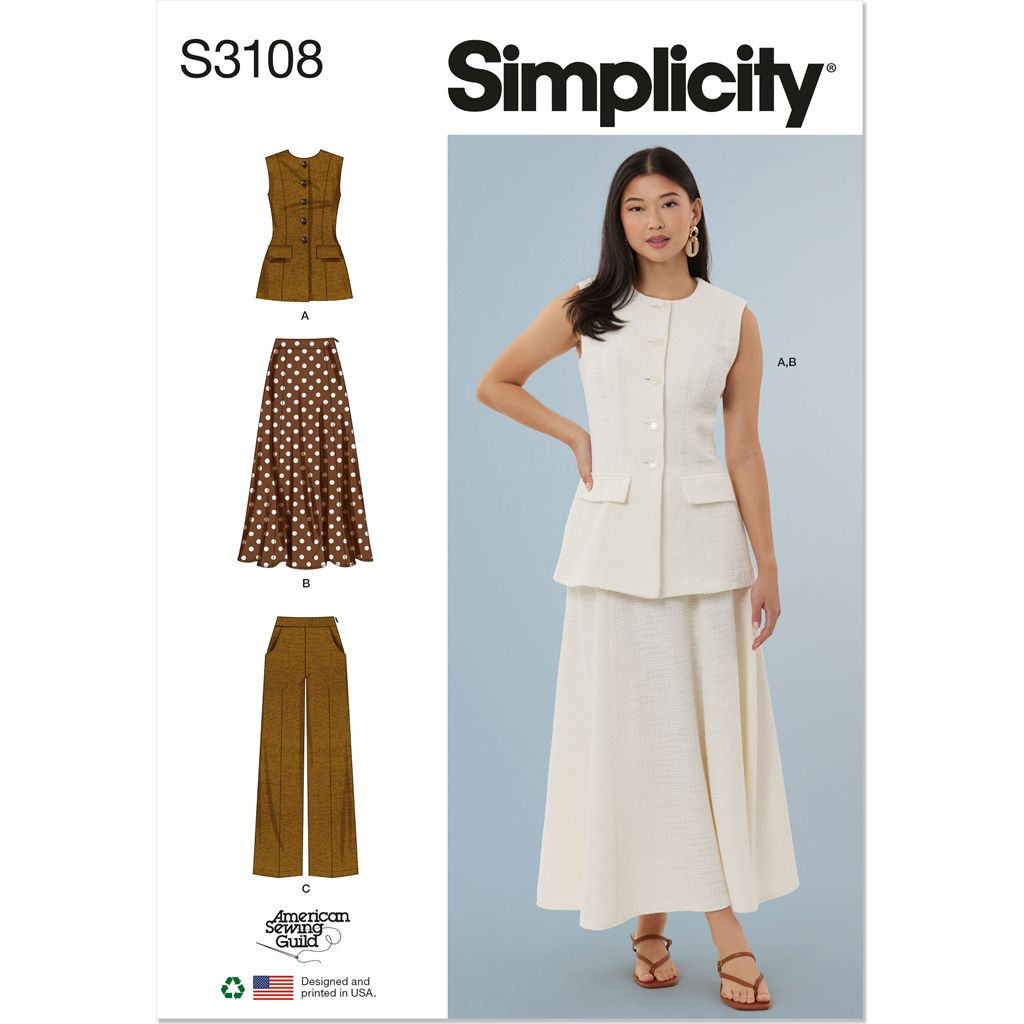 Simplicity Sewing Pattern S3108 Misses Vest Skirt and Pants by American Sewing Guild 3108 Image 1 From Patternsandplains.com