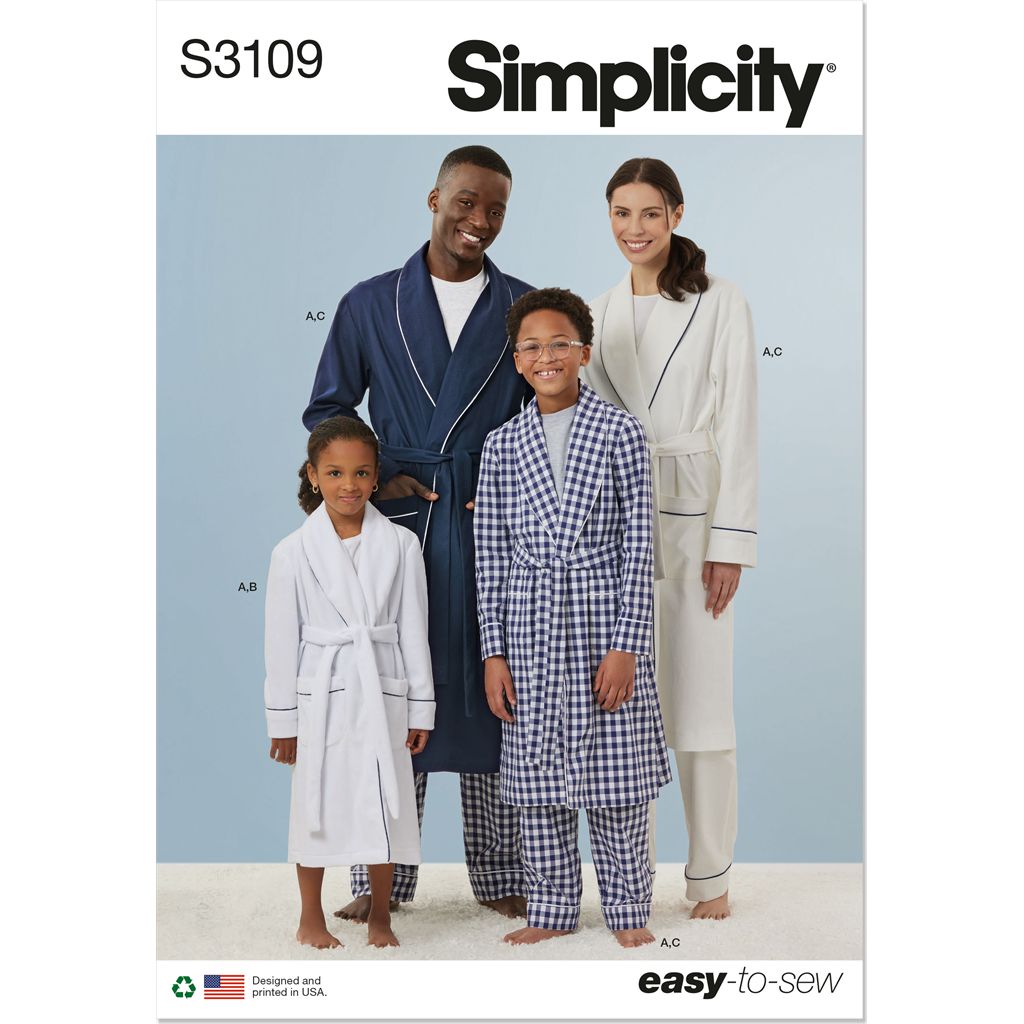 Simplicity Sewing Pattern S3109 Girls and Boys and Adults Robe Shorts and Pants 3109 Image 1 From Patternsandplains.com