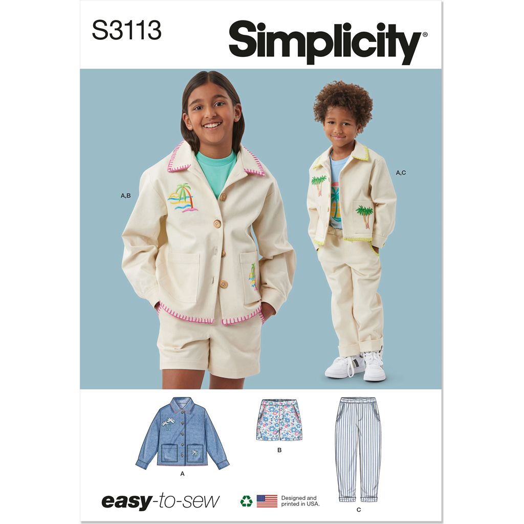 Simplicity Sewing Pattern S3113 Childrens or Girls and Boys Jacket Shorts and Pants 3113 Image 1 From Patternsandplains.com