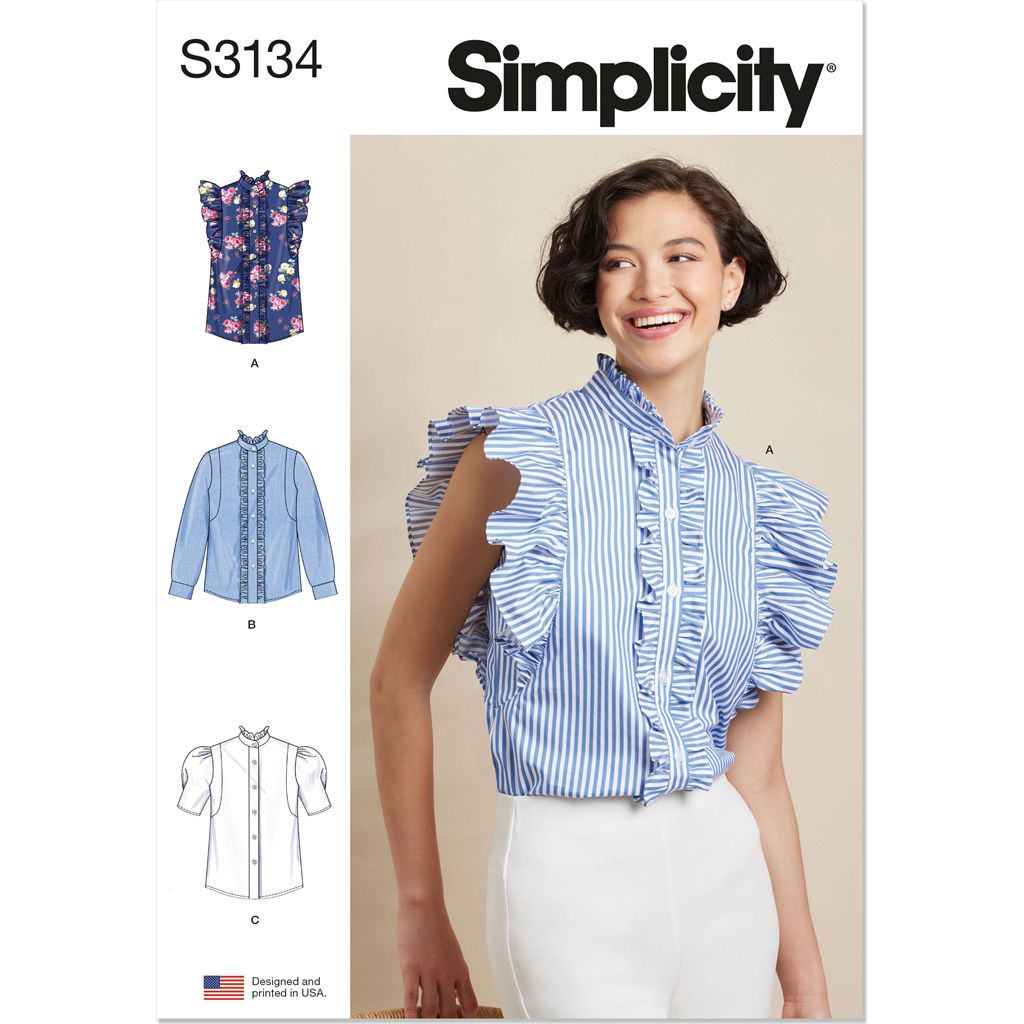 Simplicity Sewing Pattern S3134 Misses Ruffled Button Front Top with Sleeve Variations 3134 Image 1 From Patternsandplains.com