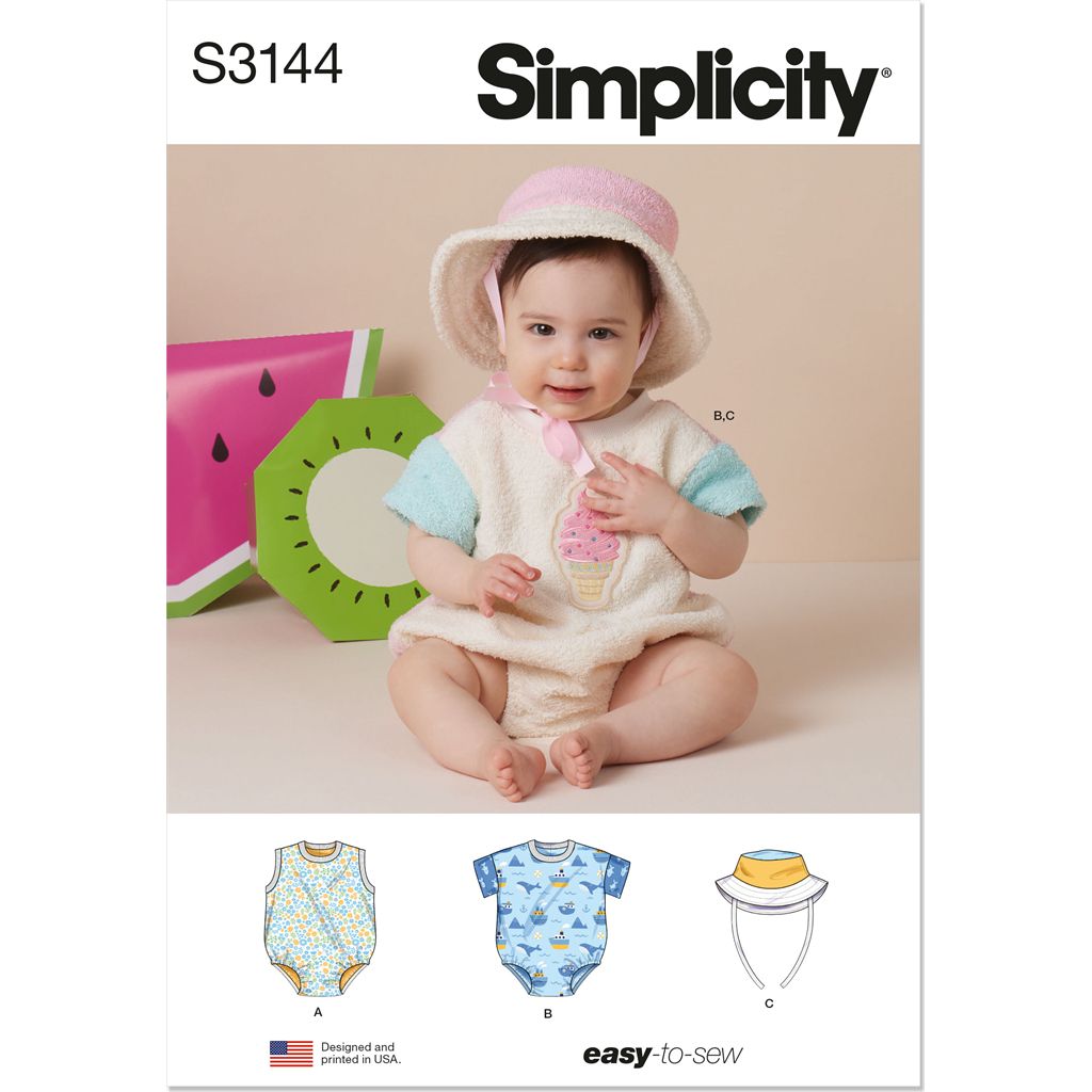 Simplicity Sewing Pattern S3144 Babies Contrast Bodysuit and Bucket Hat 3144 Image 1 From Patternsandplains.com