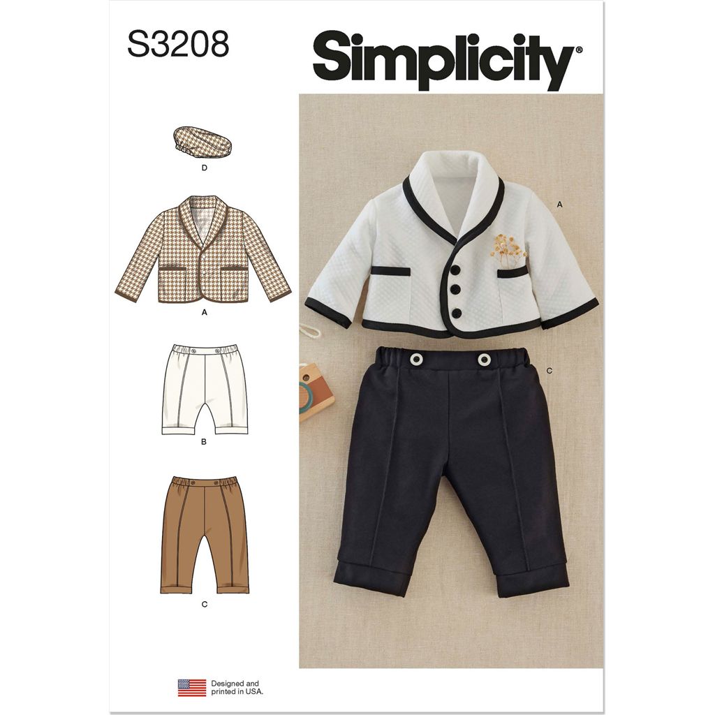 Simplicity Sewing Pattern S3208 Babies Jacket Pants in Two Lengths and Cap in S M L 3208 Image 1 From Patternsandplains.com