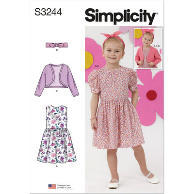 Simplicity Sewing Pattern S3244 Childrens Dresses Bolero and Headband in Three Sizes 3244 Image 1 From Patternsandplains.com