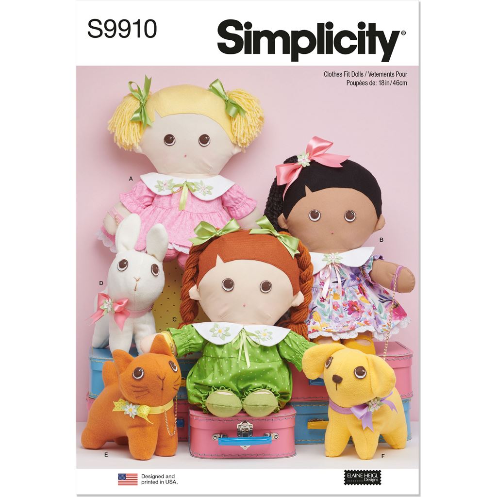 Simplicity Sewing Pattern S9910 Plush dolls with clothes and plush pets By Elaine Heigl Designs 9910 Image 1 From Patternsandplains.com