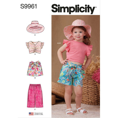 Simplicity Sewing Pattern S9961 Toddlers Shorts Pants Hat and Knit Top Worn Front or Back 9961 Image 1 From Patternsandplains.com