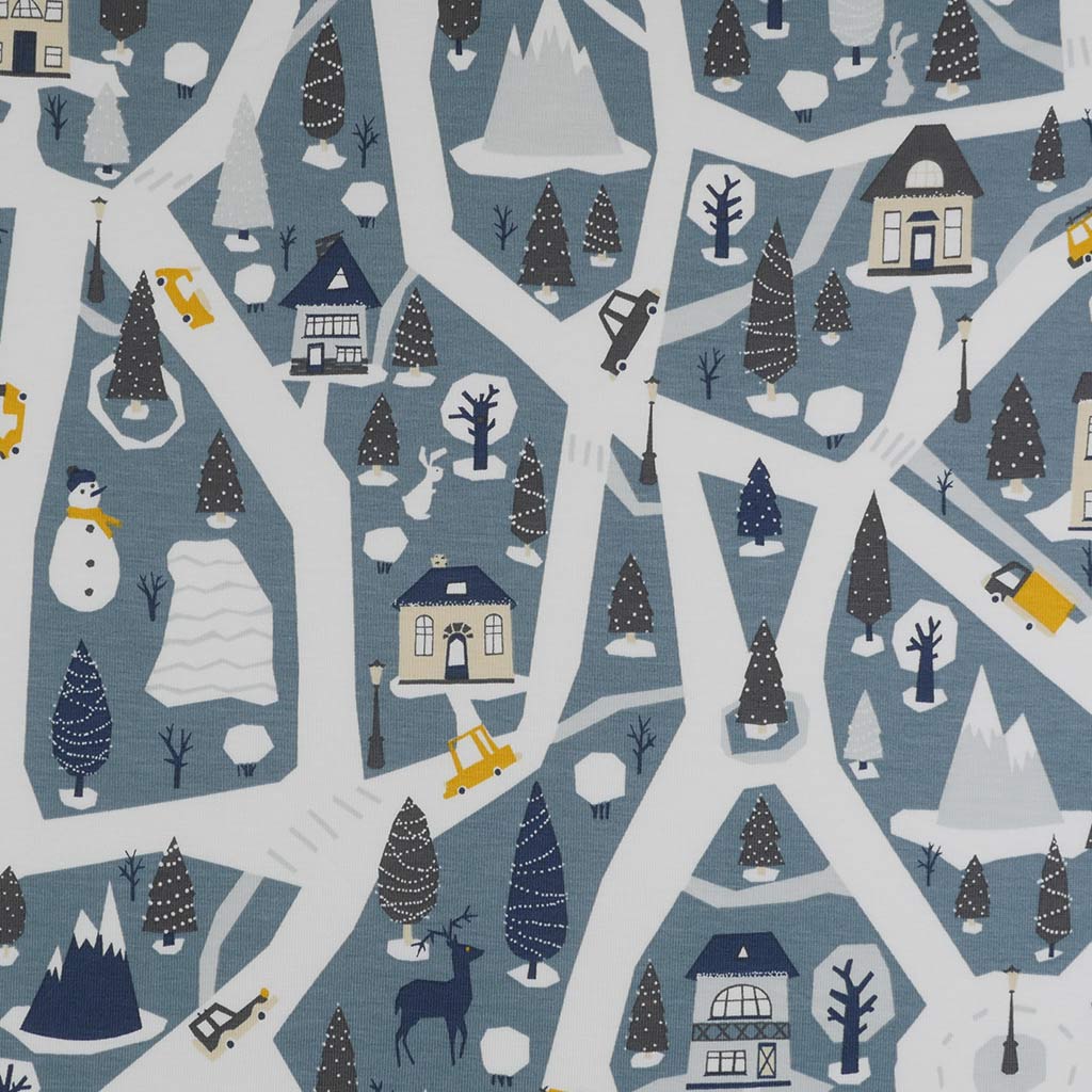 Arizona - Dusty Blue Winter Village, Single Jersey Cotton Elastane Print Fabric Main Image from Patternsandplains.com