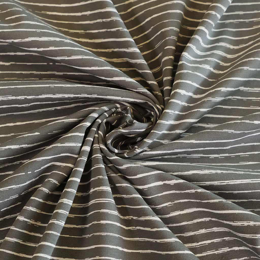 Arizona - Smoke Grey Sketch Stripe, Single Jersey Cotton Elastane Print Fabric Detail Swirl Image from Patternsandplains.com