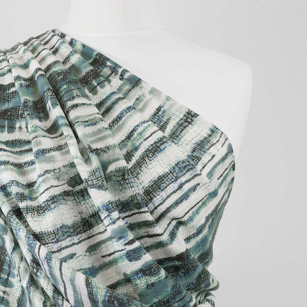 Aruba - Green Shoreline Stripe Viscose Crinkle Fabric Mannequin Close Up Image from Patternsandplains.com