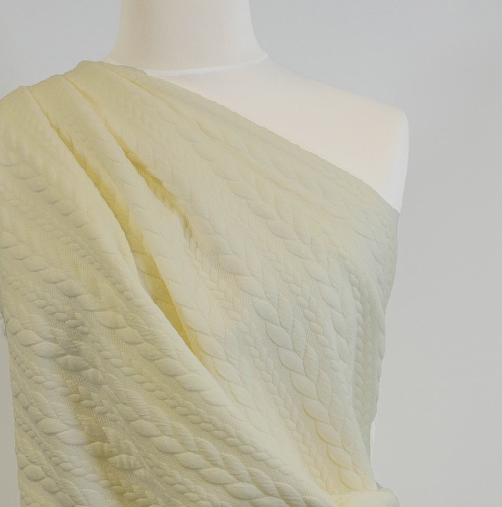 Bergen - Cream Aran Cables Double Jersey BlFabric Mannequin Close Up Image from Patternsandplains.com
