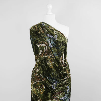 Chelsea - Juniper Green Scrolling Leaves Velour Jersey Fabric Mannequin Wide Image from Patternsandplains.com
