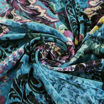 Chelsea - Turquoise Scrolling Leaves Velour Jersey Fabric Detail Swirl Image from Patternsandplains.com