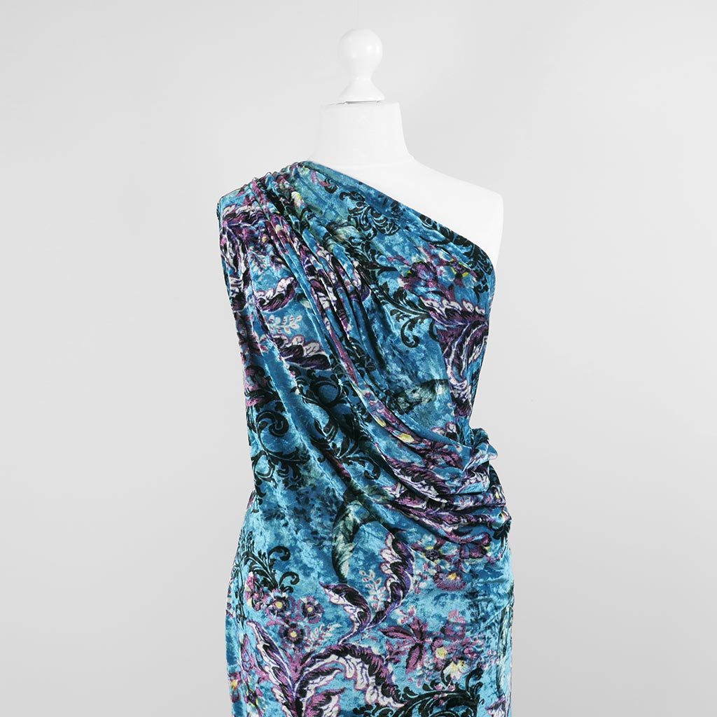 Chelsea - Turquoise Scrolling Leaves Velour Jersey Fabric Mannequin Wide Image from Patternsandplains.com