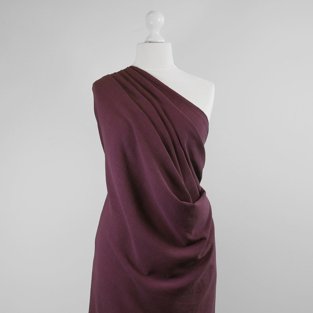 Liege - Damson Viscose Linen Silky Noil Woven Fabric Mannequin Wide Image from Patternsandplains.com