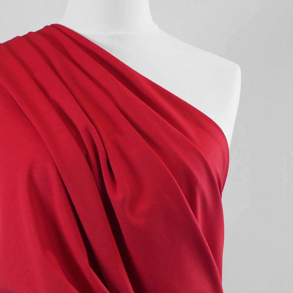 Milan - Bright Red Viscose Rich Ponte de Roma Fabric Mannequin Close Up Image from Patternsandplains.com