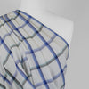 Nairn - Blue Yarn Dyed Asymmetrical Plaid Woven Fabric Mannequin Close Up Image from Patternsandplains.com