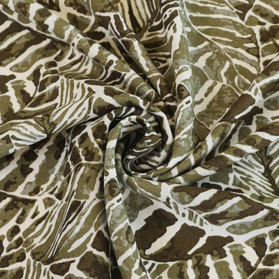 Palermo - Olive Green Leaves Viscose Linen Woven Fabric Detail Swirl Image from Patternsandplains.com