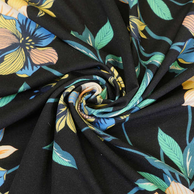 Rossi 5484 - Dark Navy Floral Viscose Elastane Single Jersey Fabric from John Kaldor Detail Swirl Image from Patternsandplains.com