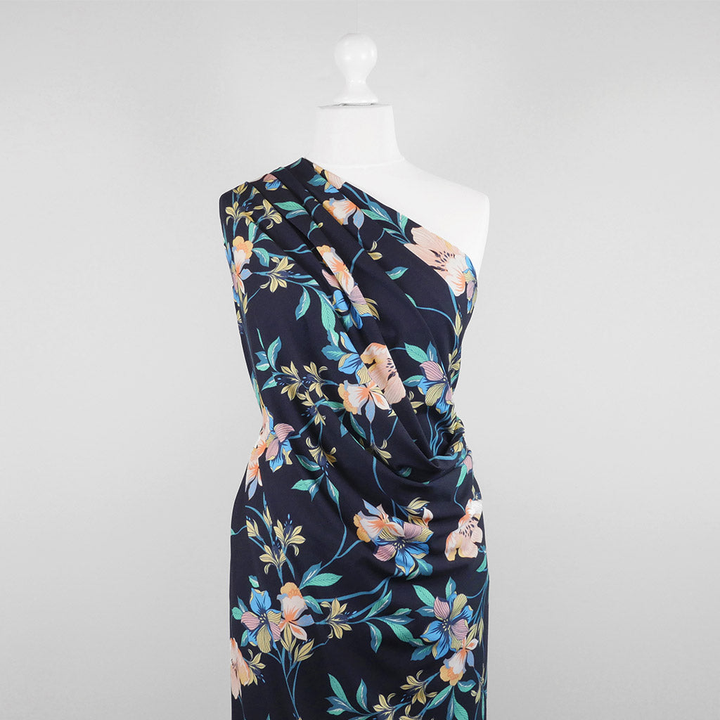 Rossi 5484 - Dark Navy Floral Viscose Elastane Single Jersey Fabric from John Kaldor Mannequin Wide Image from Patternsandplains.com