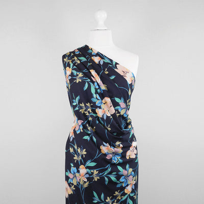 Rossi 5484 - Dark Navy Floral Viscose Elastane Single Jersey Fabric from John Kaldor Mannequin Wide Image from Patternsandplains.com