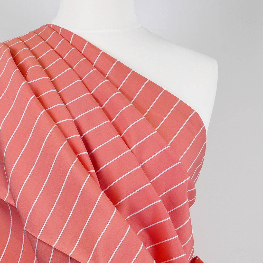Vancouver - Coral Rails Jacquard Stripe Woven Fabric Mannequin Close Up Image from Patternsandplains.com