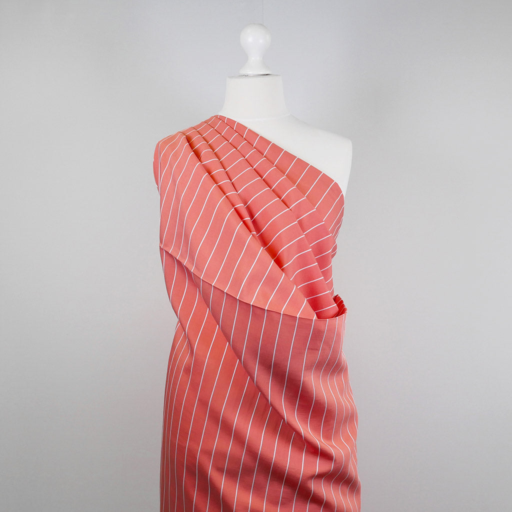 Vancouver - Coral Rails Jacquard Stripe Woven Fabric Mannequin Wide Image from Patternsandplains.com